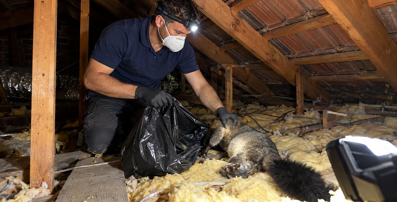 Technician in a roof space with a torch, bagging a dead possum