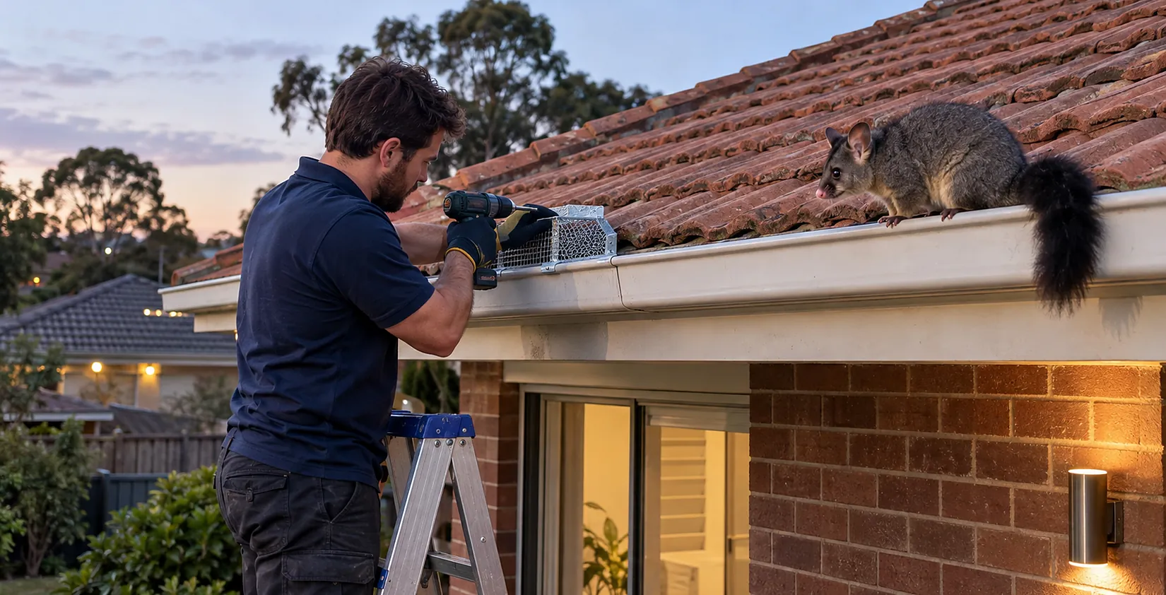 Technician fitting a possum one way door at the eave of a brick home