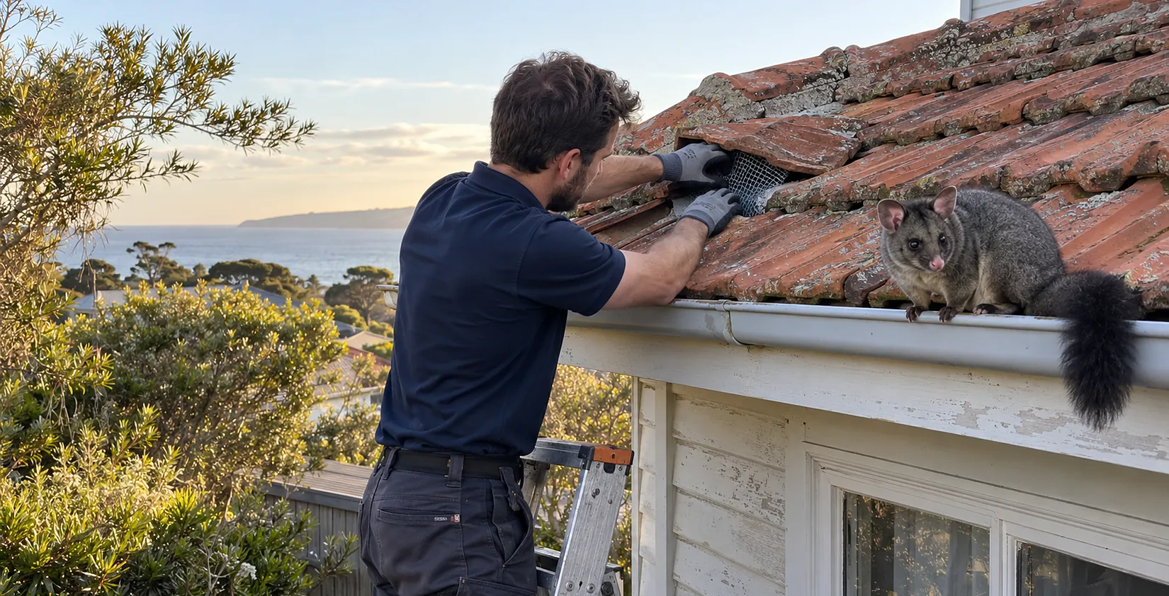 Technician sealing a possum entry under the roof tiles, possum on the gutter