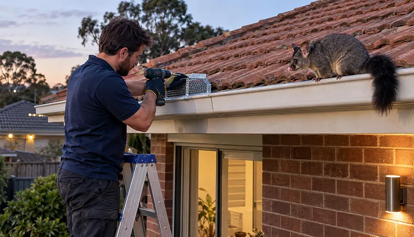 Technician fitting a possum one way door at the eave where the possum gets in