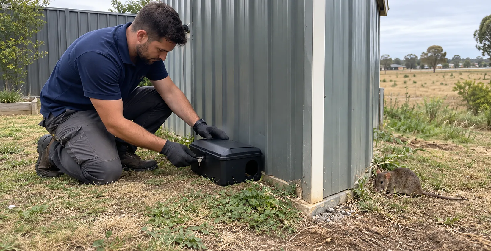 Technician placing a lockable rodent bait station beside a garden shed