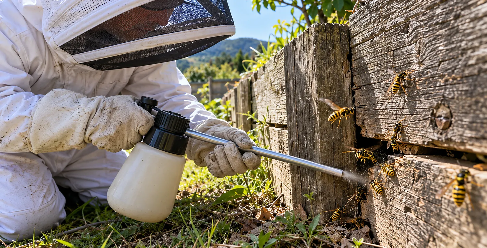 Technician in a protective suit treating a European wasp nest entry in a garden retaining wall